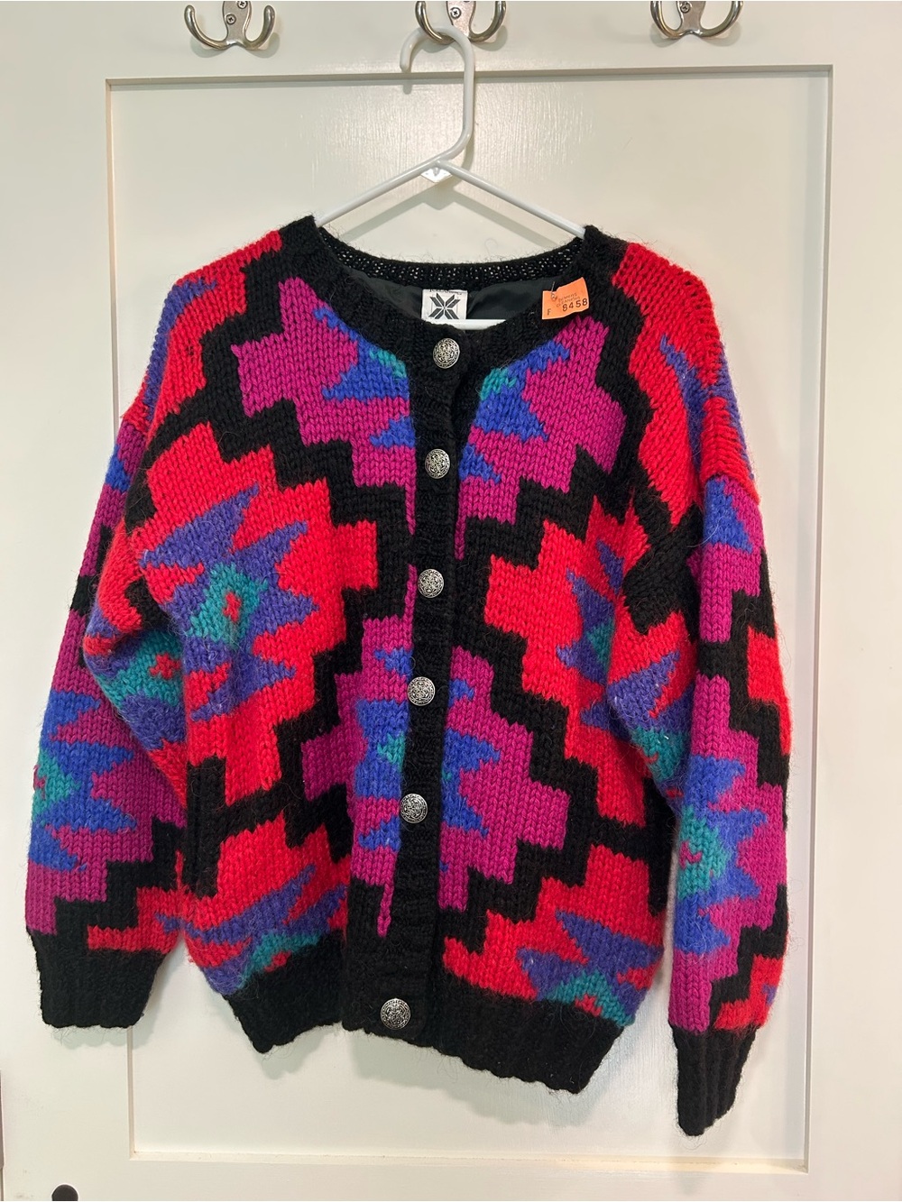 Icelandic Design 100% Wool Hand Knit Cardigan Sweater S/M Colorful Geometric